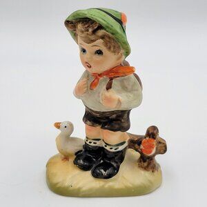 Vintage Boy Figurine Duck Bird Fence Japan Read